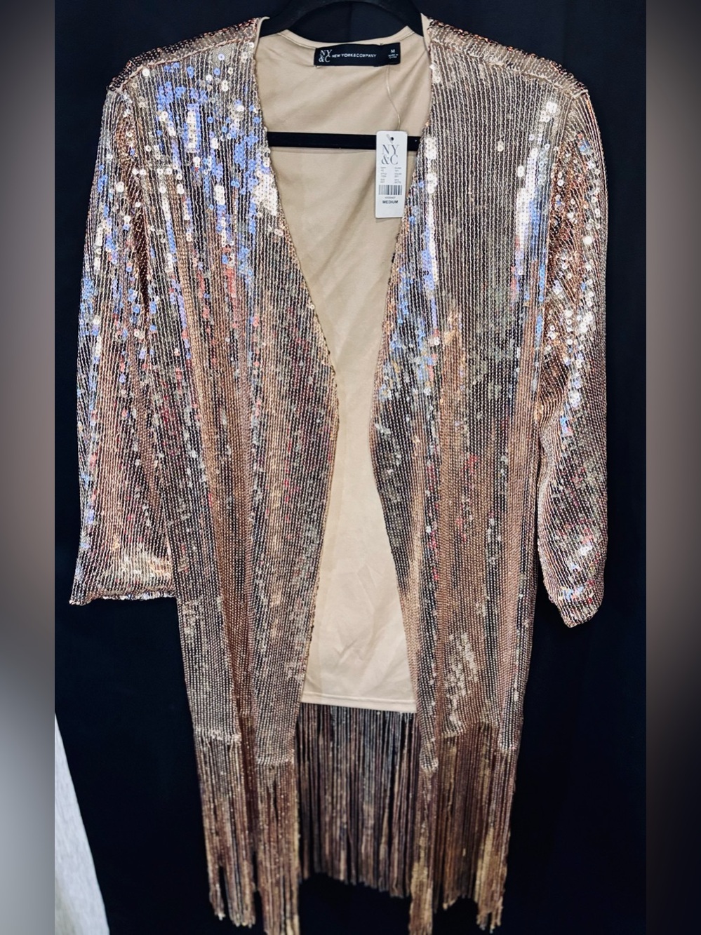 NWT New York & Company Rose Gold Sequin Fringe Duster Cardigan M